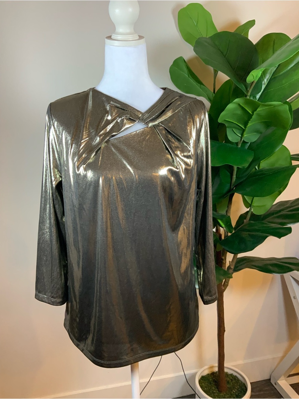 Nine West Metallic Twist-Front Long Sleeve Top - Olive